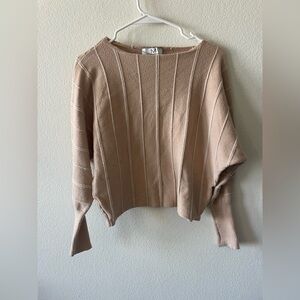 Magaschoni tan and cream stripped viscose nylon crew neck sweater